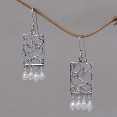 Cultured pearl heart earrings, 'Love Letter' - Handmade Sterling Silver and Cultured Pearl Heart Earrings