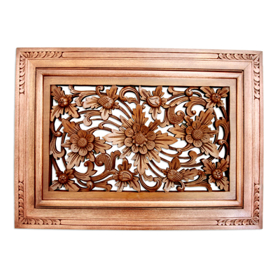Wood relief panel, 'Flower of Joy' - Handcrafted Floral Wood Relief Panel