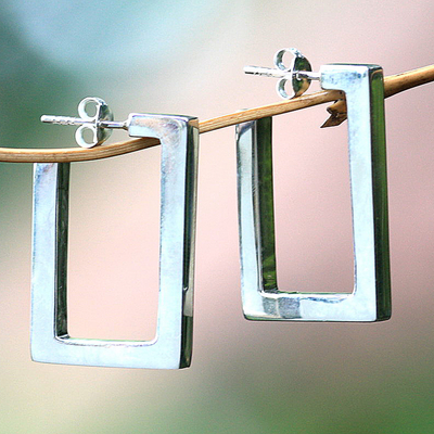 Sterling silver half hoop earrings, 'Fair Square' - Sterling silver half hoop earrings