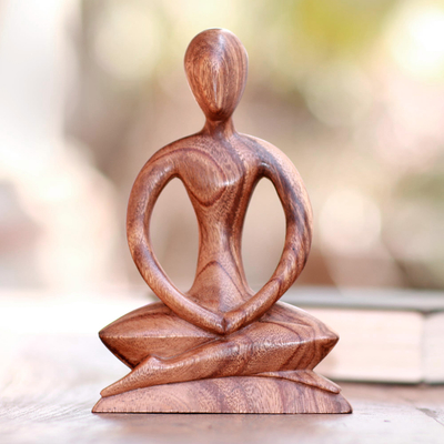 Wood sculpture, 'Meditative Calm' - Handcrafted Wood Yoga Sculpture