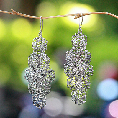 Sterling silver flower earrings, 'Promises' - Floral Sterling Silver Chandelier Earrings