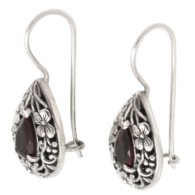 Garnet flower earrings, 'Lovely Daisies' - Floral Sterling Silver and Garnet Earrings