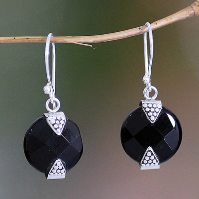 Onyx earrings, ‘Sylph’ - Onyx Sterling Silver Dangle Earrings from Indonesia