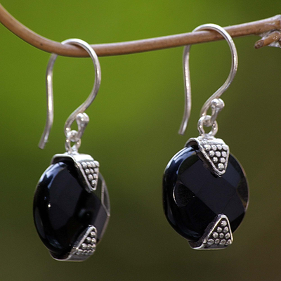 Onyx earrings, ‘Sylph’ - Onyx Sterling Silver Dangle Earrings from Indonesia