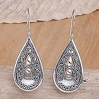 Sterling silver drop earrings, 'Bali Antique' - Sterling Silver and 18k Gold Plated Earrings