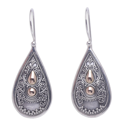 Sterling silver drop earrings, 'Bali Antique' - Sterling Silver and 18k Gold Plated Earrings
