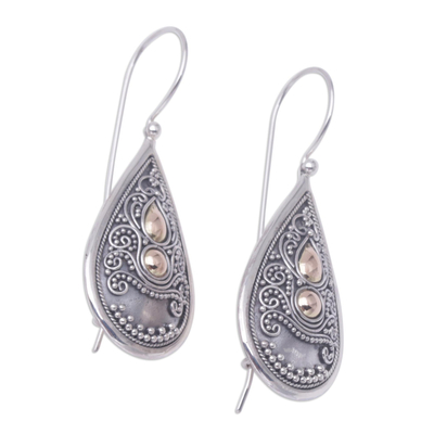 Sterling silver drop earrings, 'Bali Antique' - Sterling Silver and 18k Gold Plated Earrings