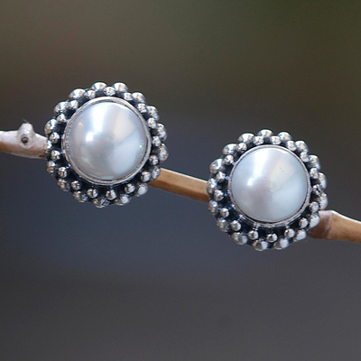 Cultured pearl stud earrings, 'Discernment' - Bridal Pearl and Sterling Silver Stud Earrings
