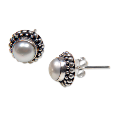 Cultured pearl stud earrings, 'Discernment' - Bridal Cultured Pearl and Sterling Silver Stud Earrings