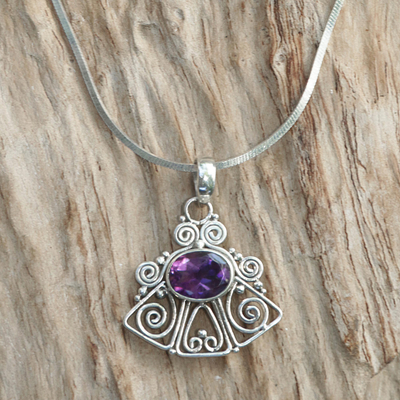 Amethyst pendant necklace, 'Bali Belle' - Hand Made Amethyst and Silver Pendant Necklace