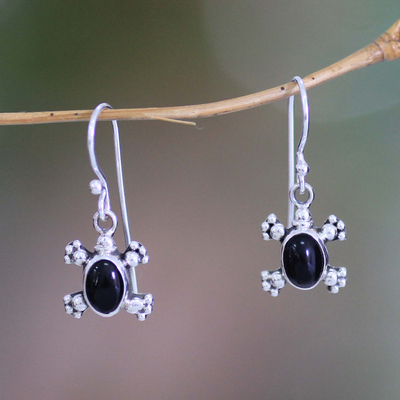 Onyx dangle earrings, 'Turtle Trails' - Handmade Sterling Silver and Onyx Dangle Earrings