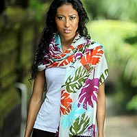 Silk batik shawl, 'Shadow Leaf' - Silk batik shawl
