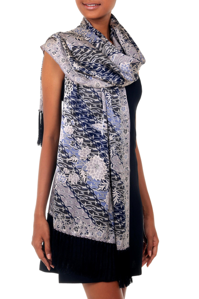 Silk batik shawl, 'Butterfly Blossoms' - Silk batik shawl