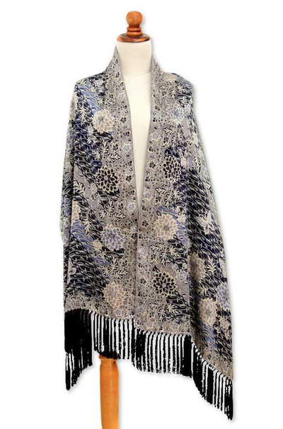 Silk batik shawl, 'Butterfly Blossoms' - Silk batik shawl