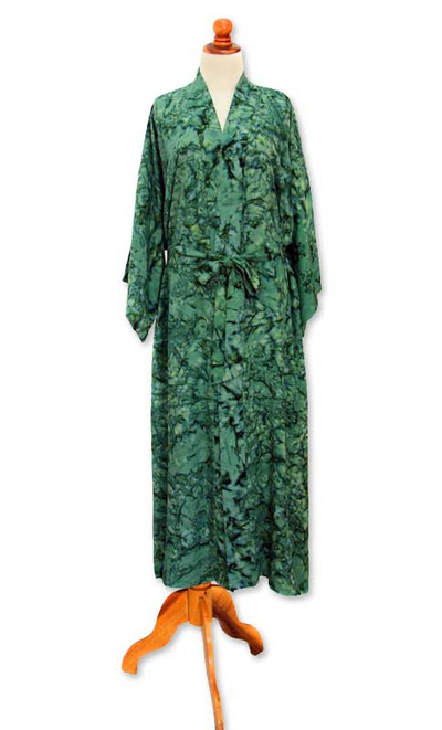 Women's batik robe, 'Green Destiny' - Women's Hand Made Batik Patterned Robe