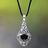 Onyx flower necklace, 'Midnight Garden' - Floral Sterling Silver and Onyx Necklace