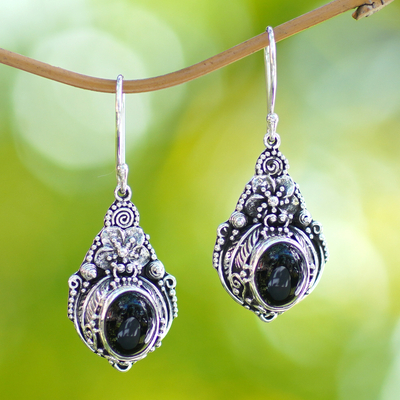 Onyx flower earrings, 'Midnight Garden' - Floral Onyx Sterling Silver Dangle Earrings