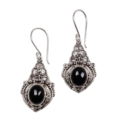 Onyx flower earrings, 'Midnight Garden' - Floral Onyx Sterling Silver Dangle Earrings