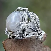 anillo flor perla - Anillo de cóctel hecho a mano en plata y perlas