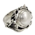 Pearl flower ring, 'Nest of Lilies' - Handcrafted Silver and Pearl Cocktail Ring