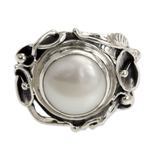 Pearl flower ring, 'Nest of Lilies' - Handcrafted Silver and Pearl Cocktail Ring
