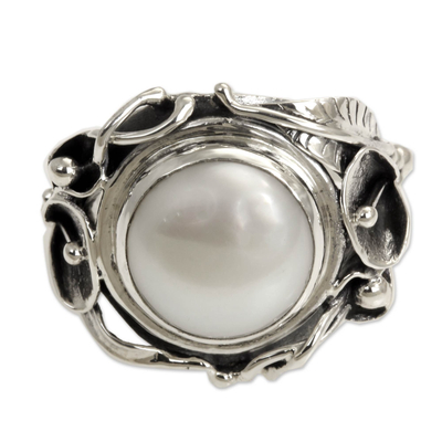 Pearl flower ring, 'Nest of Lilies' - Handcrafted Silver and Pearl Cocktail Ring