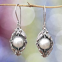 Pearl flower earrings, 'Nest of Lilies' - Sterling Silver and Pearl Floral Bridal Earrings from Bali