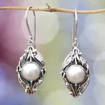 Pearl flower earrings, 'Nest of Lilies' - Unique Pearl and Sterling Silver Dangle Earrings
