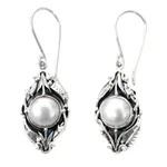 Pearl flower earrings, 'Nest of Lilies' - Unique Pearl and Sterling Silver Dangle Earrings