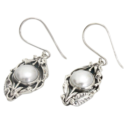 Pearl flower earrings, 'Nest of Lilies' - Unique Pearl and Sterling Silver Dangle Earrings