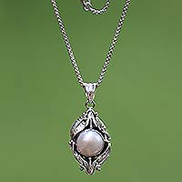 Cultured pearl flower necklace, 'Nest of Lilies' - Pearl and Sterling Silver Floral Necklace from Bali