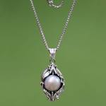 Cultured pearl flower necklace, 'Nest of Lilies' - Sterling Silver and Cultured Pearl Pendant Necklace