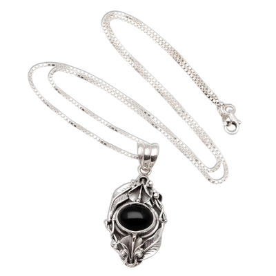 Onyx flower necklace, 'Nest of Lilies' - Floral Sterling Silver and Onyx Necklace
