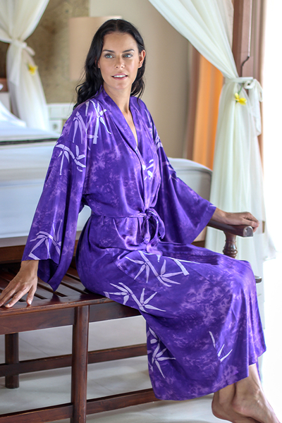 Women's batik robe, 'Breezy Bamboo' - Handmade Purple Batik Robe