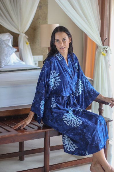 Women's batik robe 'Midnight Starlight' - Women's Blue Batik Robe