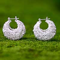 Sterling silver hoop earrings, ‘Origins of Life’ - Hand Made Sterling Silver Hoop Earrings