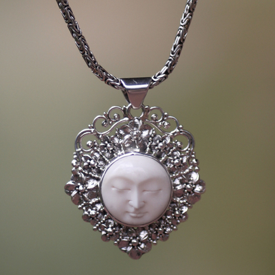 Sterling silver pendant necklace, 'Queen of Flowers' - Handcrafted Silver and Bone Pendant Necklace