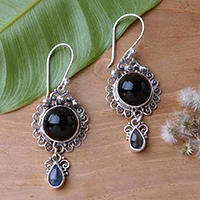 Onyx and labradorite dangle earrings, 'Midnight Tears' - Indonesian Sterling Silver Onyx Dangle Earrings