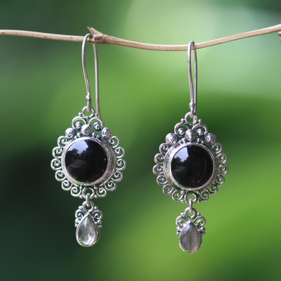 Onyx and labradorite dangle earrings, 'Midnight Tears' - Indonesian Sterling Silver Onyx Dangle Earrings