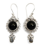 Onyx and labradorite dangle earrings, 'Midnight Tears' - Indonesian Sterling Silver Onyx Dangle Earrings