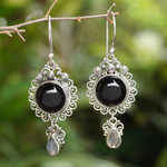 Onyx and labradorite dangle earrings, 'Midnight Tears' - Indonesian Sterling Silver Onyx Dangle Earrings
