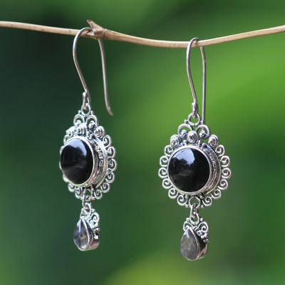 Onyx and labradorite dangle earrings, 'Midnight Tears' - Indonesian Sterling Silver Onyx Dangle Earrings
