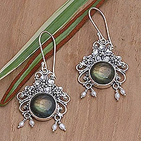 Pendientes de flores de labradorita - Pendientes colgantes de plata de ley con labradorita floral