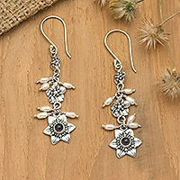 Cultured pearl and amethyst flower earrings, 'Heavenly Frangipani' - Indonesian Amethyst Pearl Silver Dangle Earrings