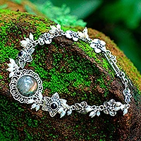 Pearl and labradorite flower bracelet, 'Angelic' - Labradorite Amethyst and Pearl Sterling Silver Bracelet