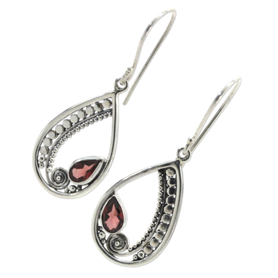 Garnet dangle earrings, 'Paisley Swirl' - Sterling Silver Garnet Dangle Earrings from Indonesia