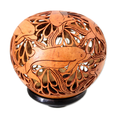 Coconut shell sculpture, 'Smiling Dolphins' - Hand Carved Coconut Shell Sculpture with Stand