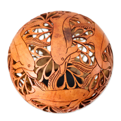 Coconut shell sculpture, 'Smiling Dolphins' - Hand Carved Coconut Shell Sculpture with Stand