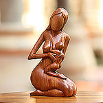 Hand Carved Suar Wood Sculpture, 'Mother and Her Child'