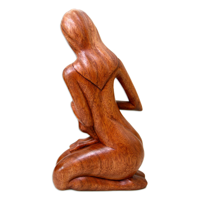 Wood sculpture, 'Mother and Her Child' - Hand Carved Suar Wood Sculpture